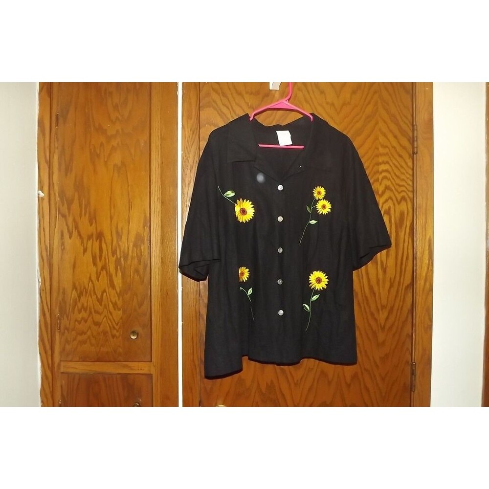 Vintage Long Tunic Button Down Shirt Sunflower Embroidered Appliqué Women 22W